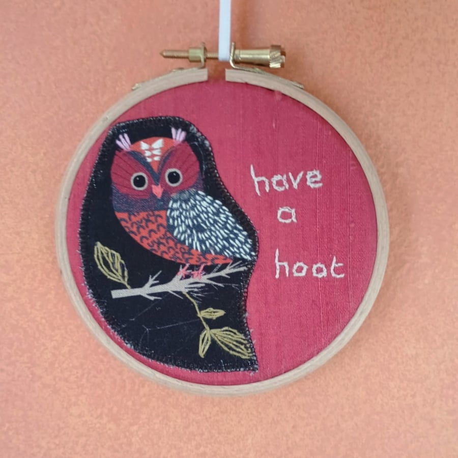Owl picture, hand embroidered applique, teacher gift, exam celebration