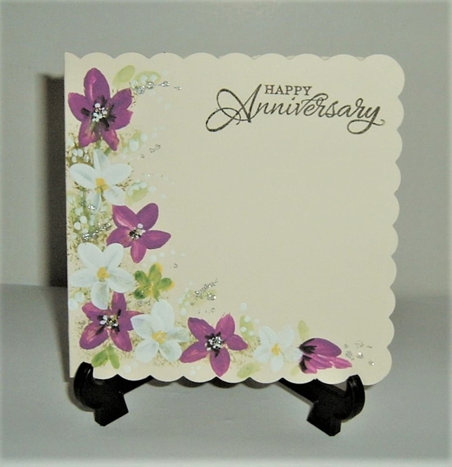 hand painted floral Anniversary greetings card ( ref F 528)