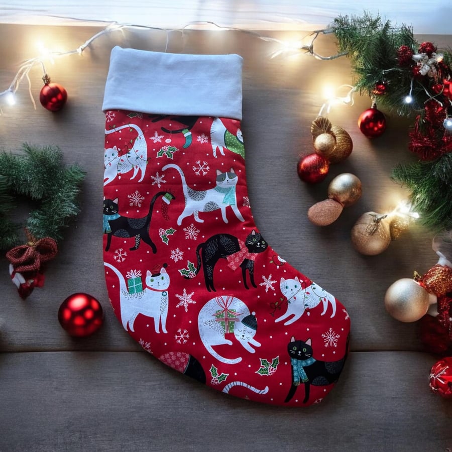 Cat Christmas stocking red
