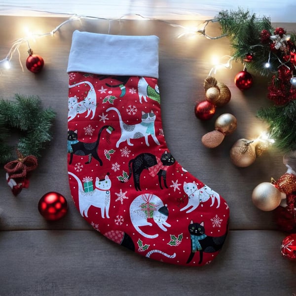 Cat Christmas stocking red