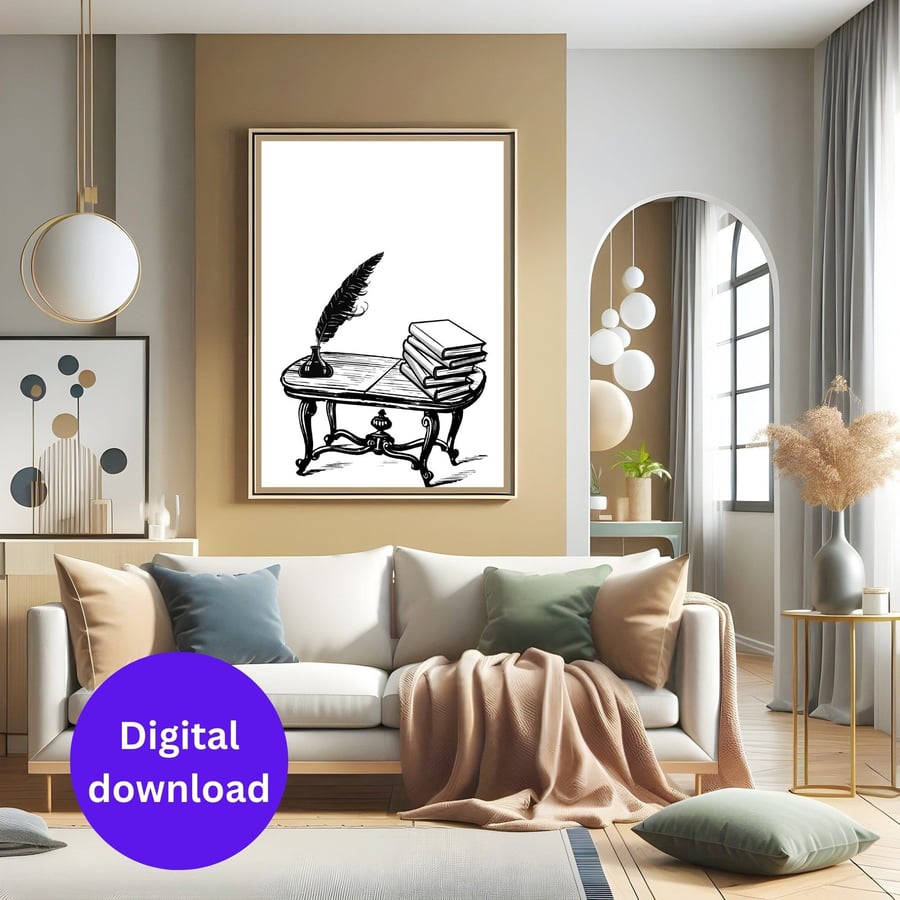 Printable Inkwell and Books Wall Art, Digital Poster, Quill and Ink