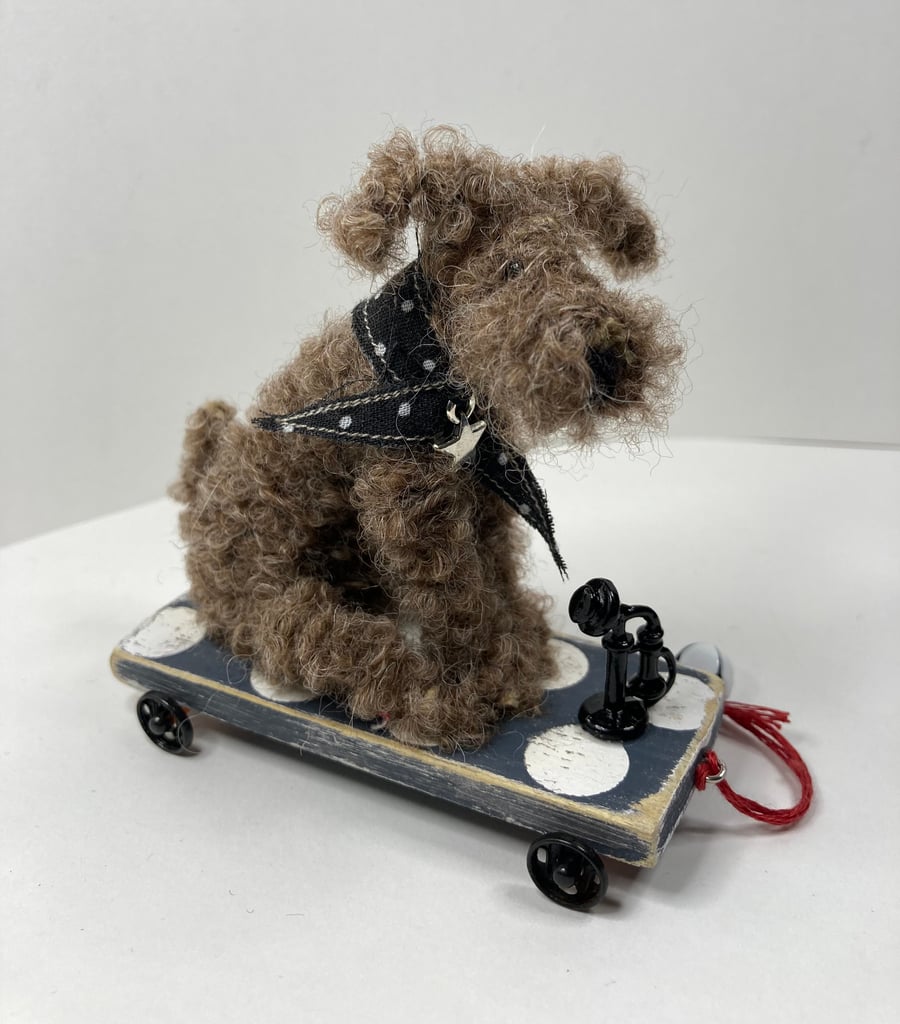 Waiting Patiently - Miniature Handmade Dog on a Wooden Trolley with Wheels 