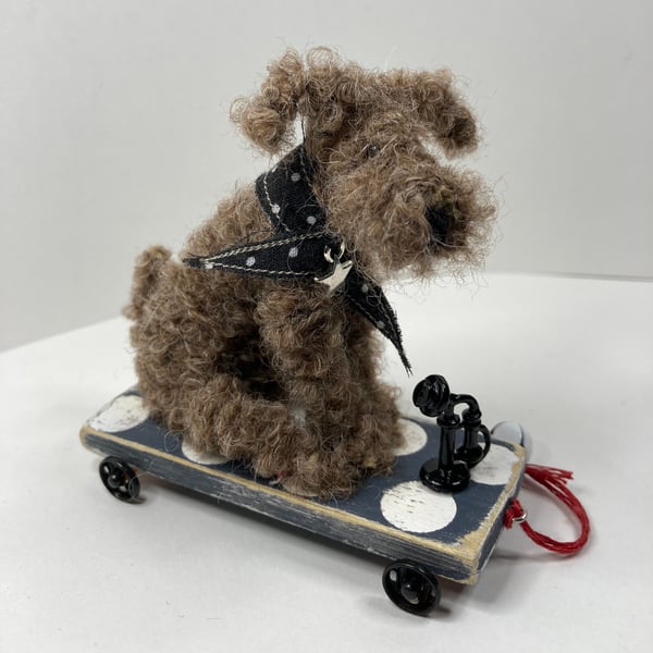 Waiting Patiently - Miniature Handmade Dog on a Wooden Trolley with Wheels 