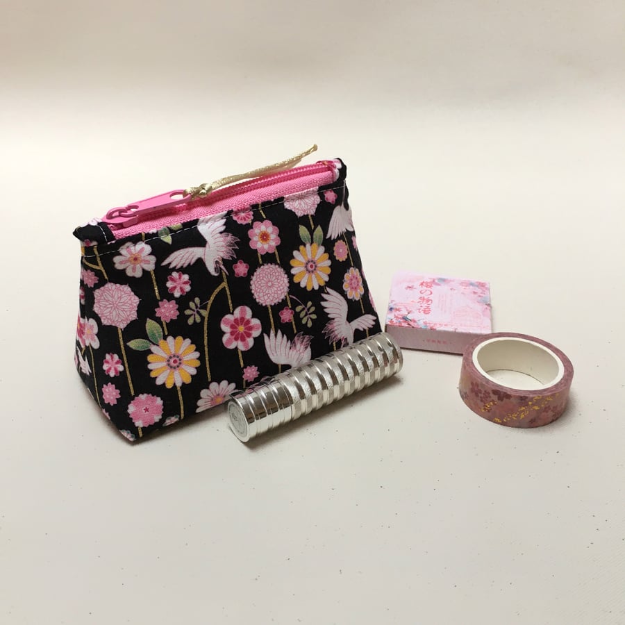 Black and Pink Cranes and Flowers Japanese Fabric Coin Purse