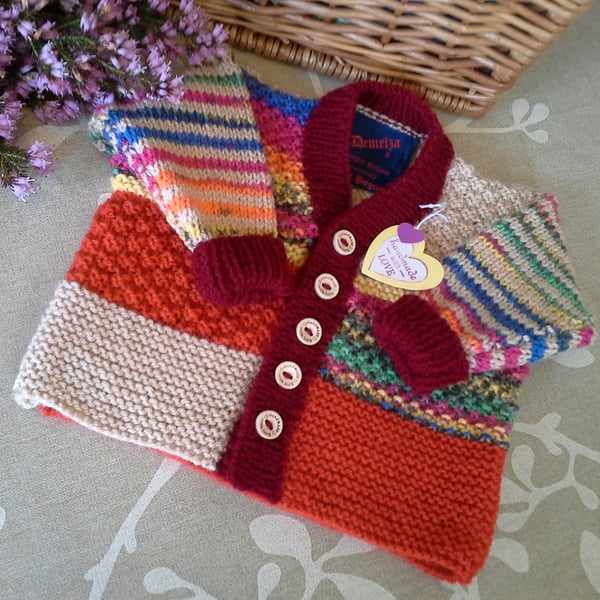 Baby Multicoloured Hand Knitted Jacket-Cardigan   6 - 12 months size