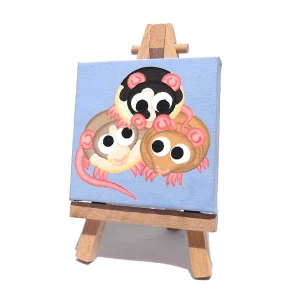 Sold Rat Pile Mini Painting - cute rodents original acrylic art on mini canvas