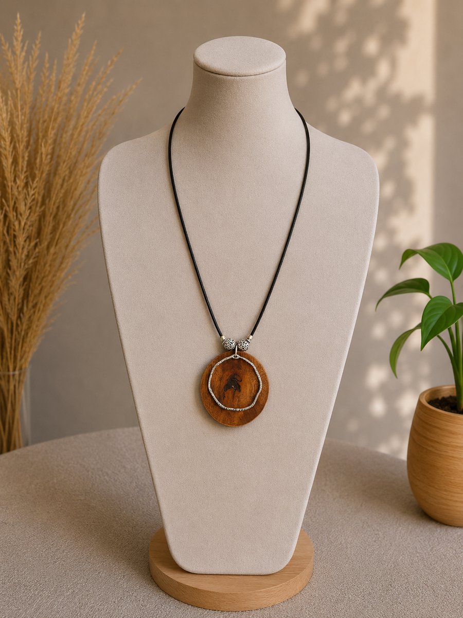 Upcycled Round Wood Pendant & Swinging Steel Ring Wood Silver Jewellery