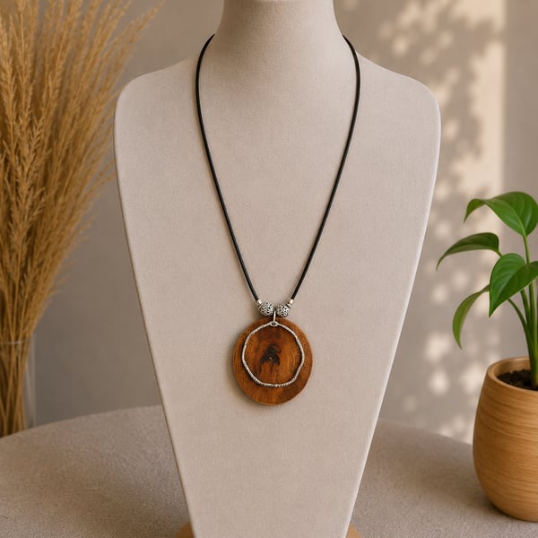 Upcycled Round Wood Pendant & Swinging Steel Ring Wood Silver Jewellery