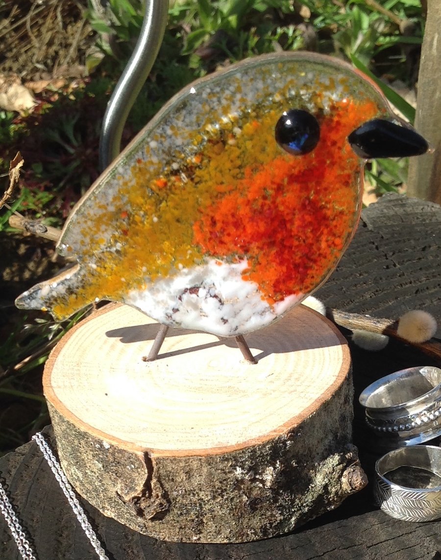 Glass Robin on wood