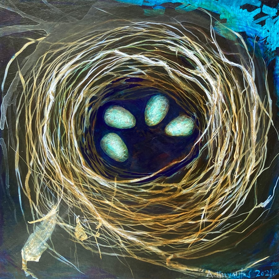 Turquoise eggs, original painting on wood