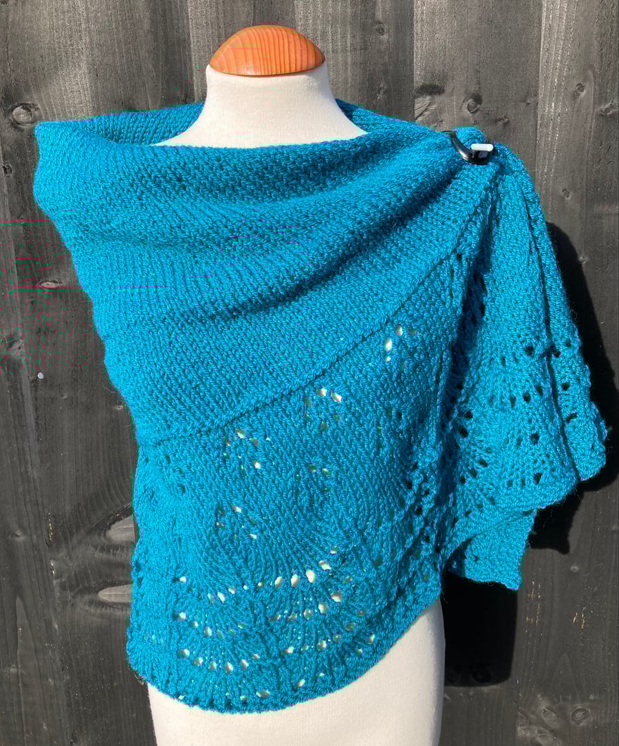 Soft Teal Blue Wool Unique Hand Knitted Crescent Lace Shawl Wrap Scarf
