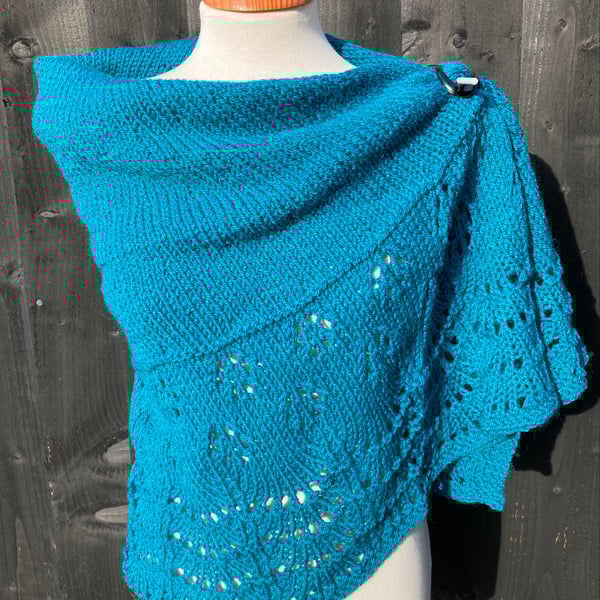Soft Teal Blue Wool Unique Hand Knitted Crescent Lace Shawl Wrap Scarf