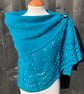 Soft Teal Blue Wool Unique Hand Knitted Crescent Lace Shawl Wrap Scarf - Image 1