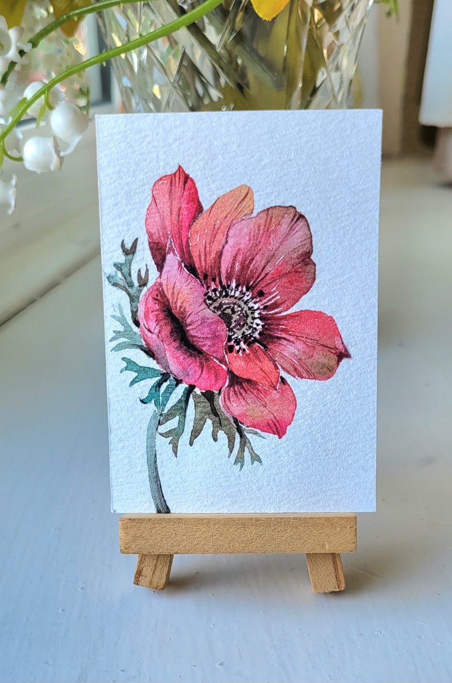 original watercolour ACEO, anemone flower, mini artwork
