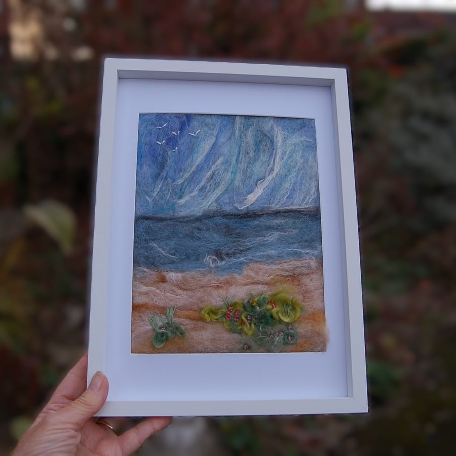 Needle felted and hand embroidered wool picture - Coastal scene 