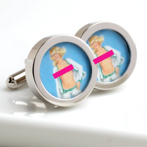 1970s Vintage Pin Up Cufflinks Topless Blonde in white