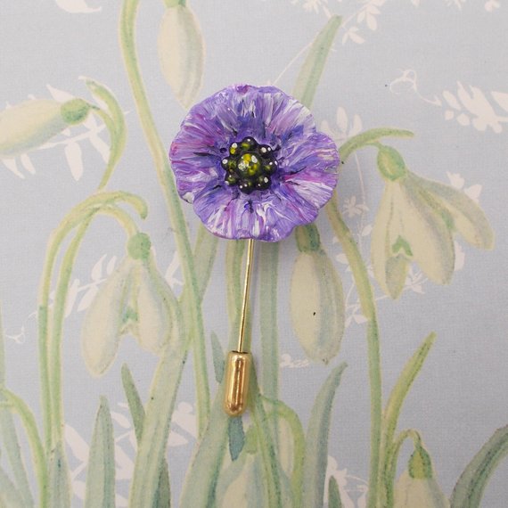 PURPLE POPPY PIN Animal Memorial Pin War Amimals Remembrance Brooch HAND PAINTED