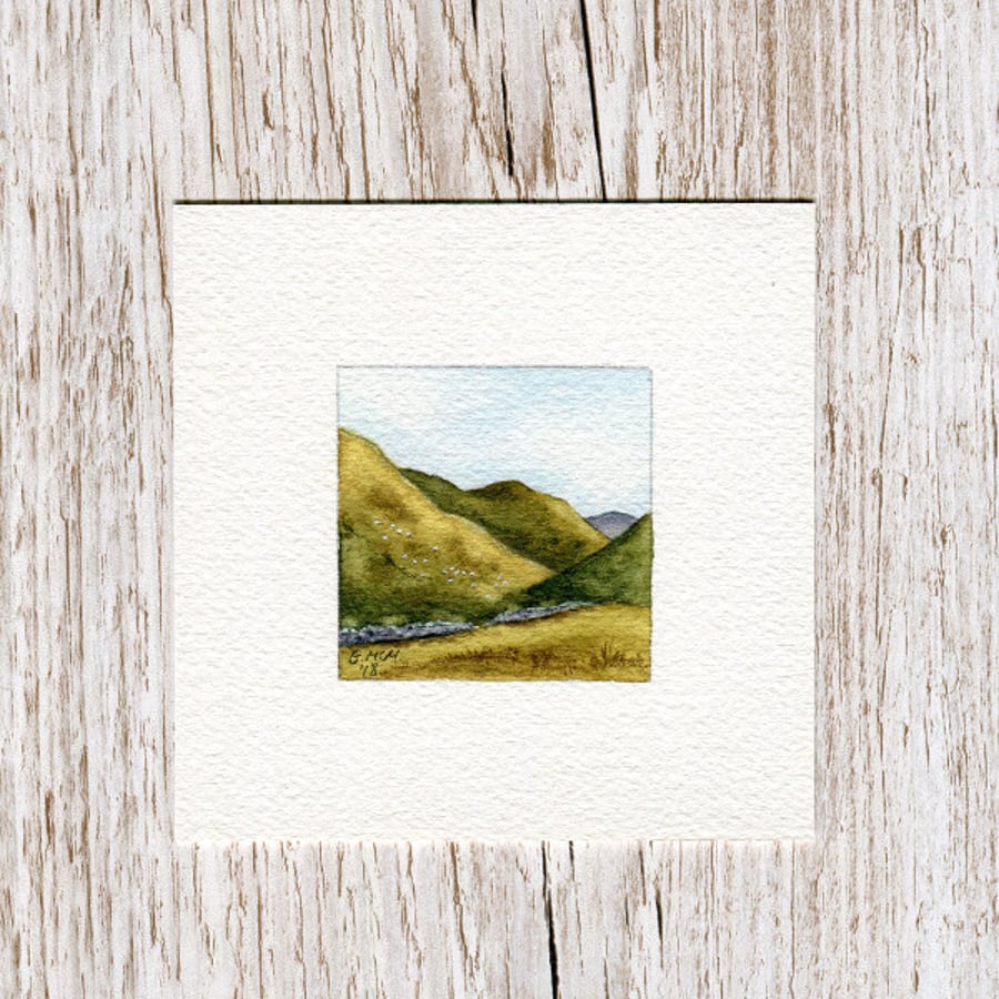  Original Watercolour Miniature - painting of Scotland, hills & mountains