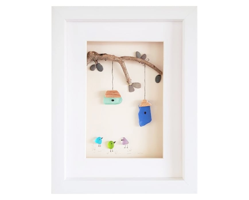 Birdhouses - Sea Glass & Pebble Picture - Framed Unique Handmade Art