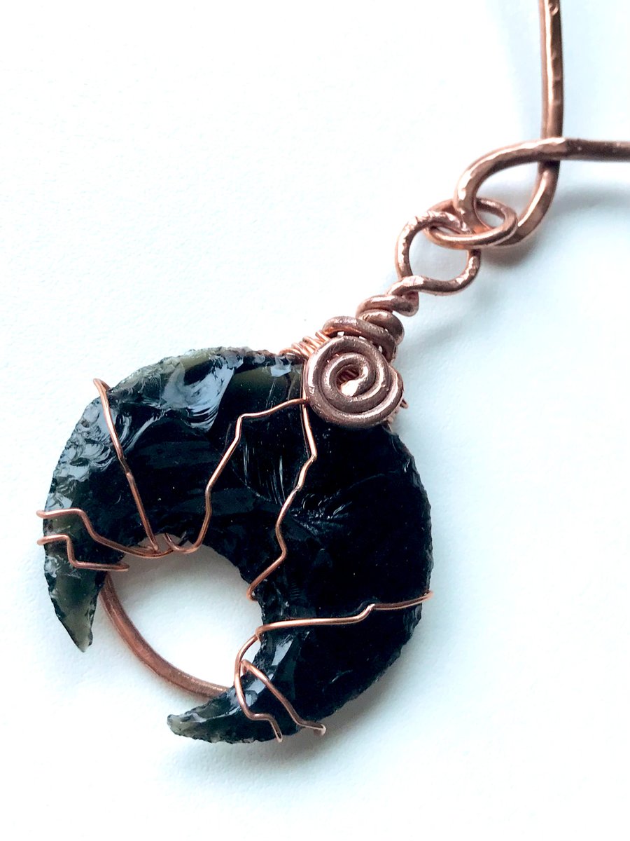 Celestial Black Obsidian Crescent Moon Crystal Copper Pendant Necklace. 