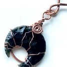 Celestial Black Obsidian Crescent Moon Crystal Copper Pendant Necklace. 