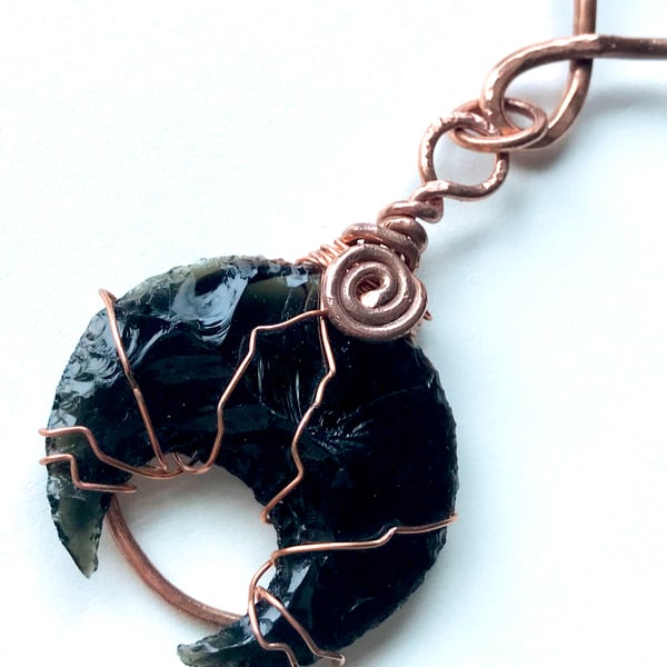 Celestial Black Obsidian Crescent Moon Crystal Copper Pendant Necklace. 