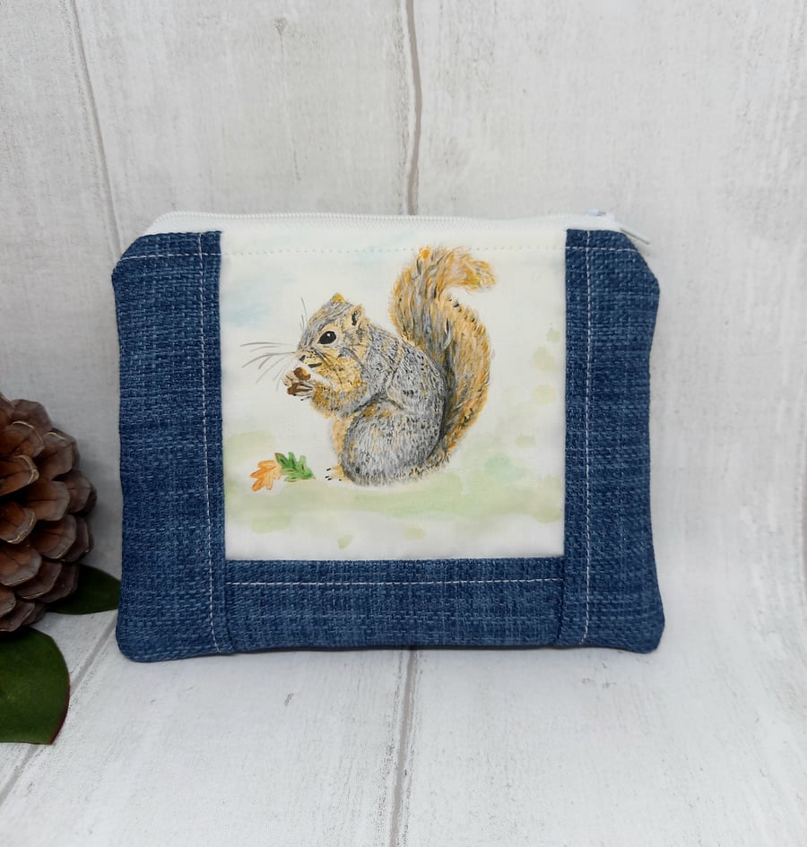 Squirrel purse, Large blue coin purse, Squirrel Gifts, Animal zip pouch