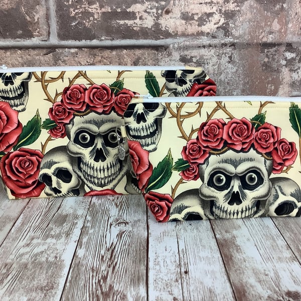Gothic Skulls and Roses Zip case, Makeup bag, Handmade, 2 size options