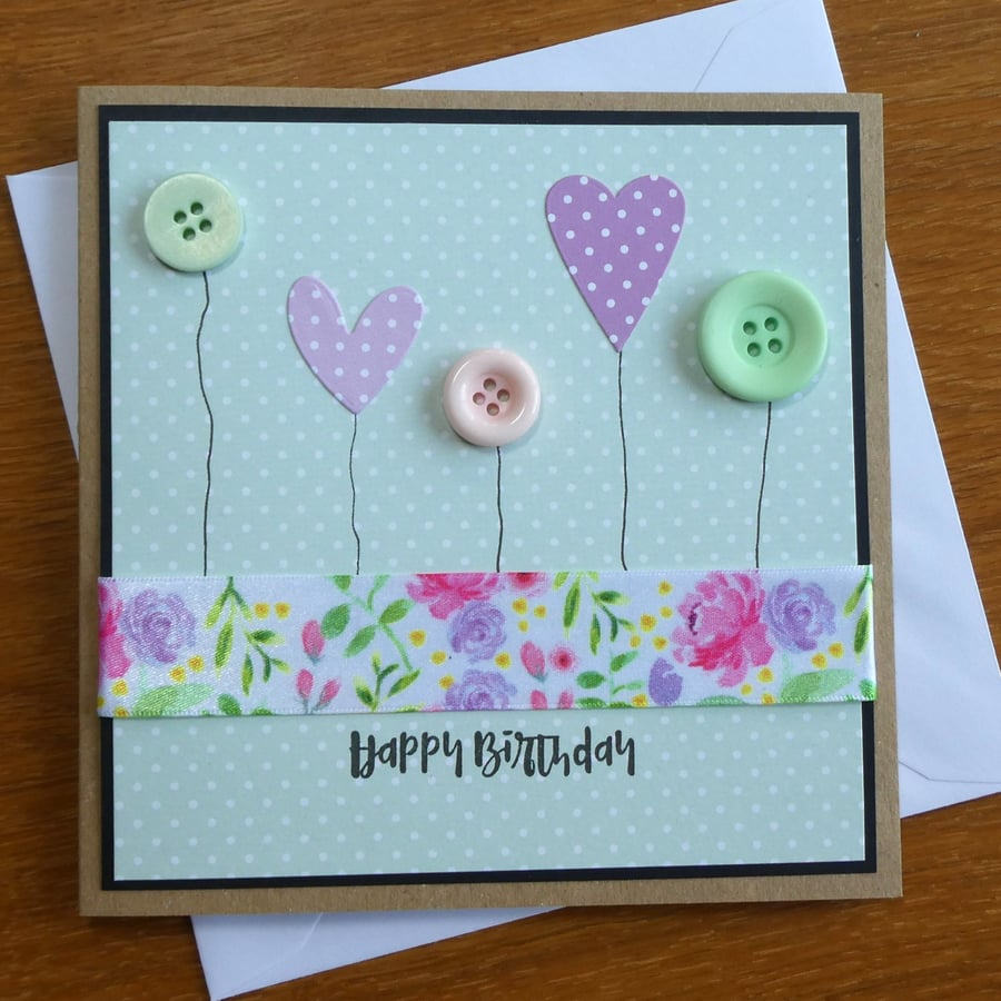 Button Flowers Birthday Card - Green Polka Dots