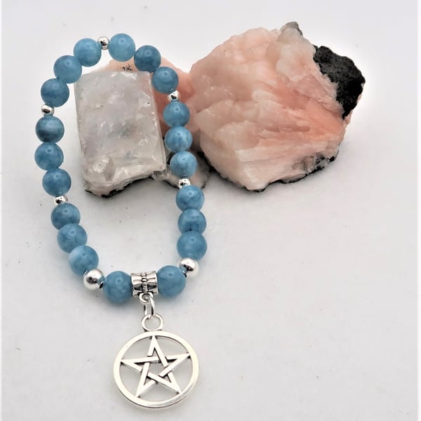 Blue Quartz Elasticated Bracelet with Pentacle Charm.