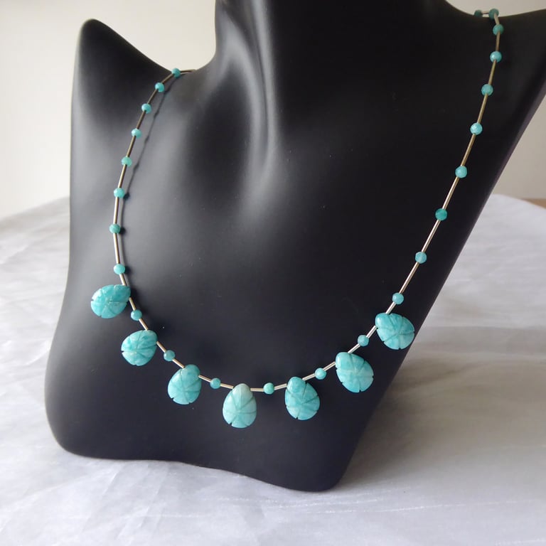 Amazonite Carved Teardrop and Sterling Silver Necklace 