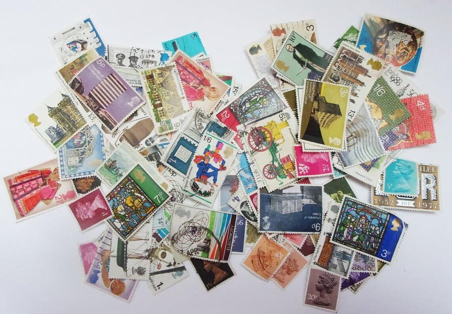 100 vintage used UK stamps: ephemera pack for scrapbooks, journal, decoupage