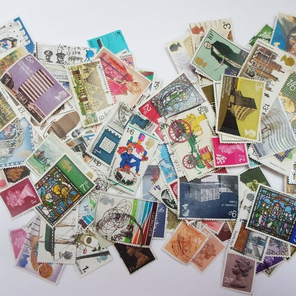 100 vintage used UK stamps: ephemera pack for scrapbooks, journal, decoupage