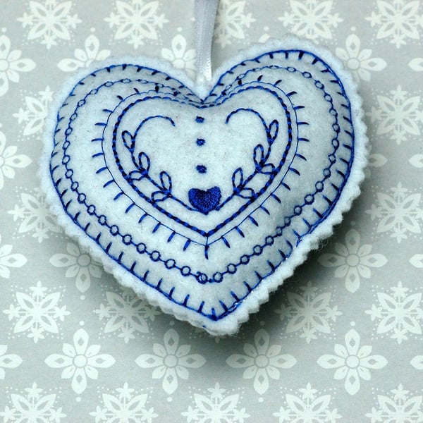Embroidered felt hanging heart with heart detail