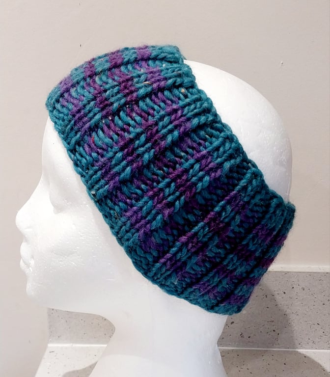 Hand Knitted stripey Merino Headbaund in Teal and purple 