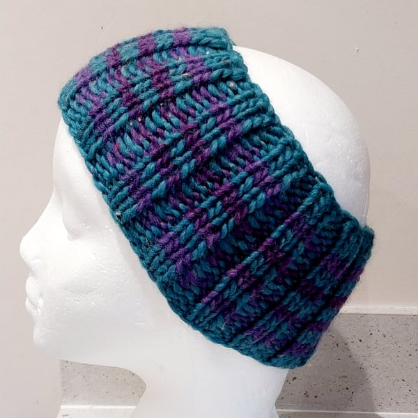 Hand Knitted stripey Merino Headbaund in Teal and purple 
