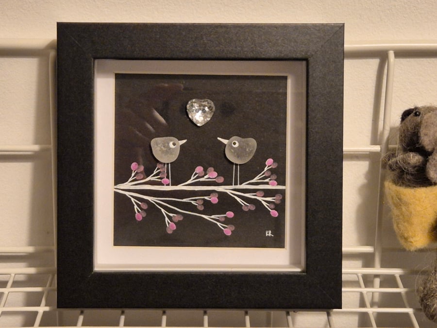 Gorgeous handmade art, 2 little sea glass love birds 