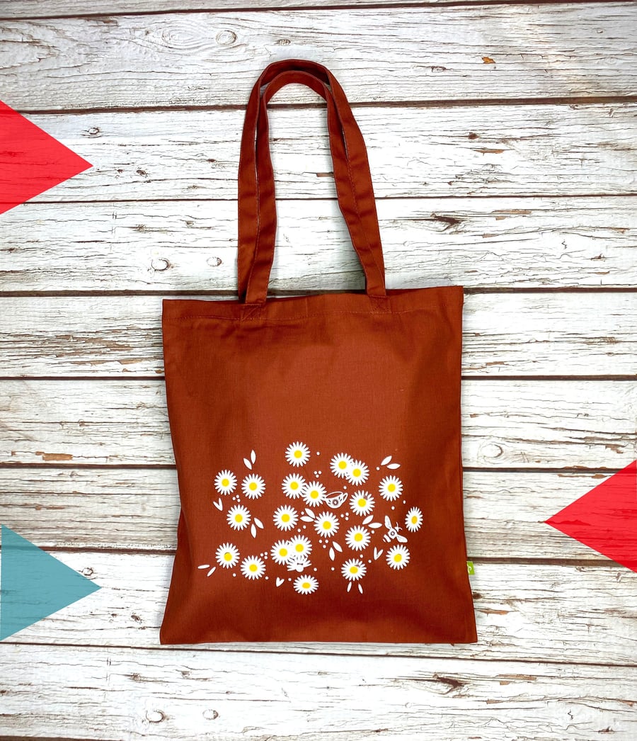 Organic Cotton Daisy tote bag. Terracotta Earth brown Autumnal flower shopper. 