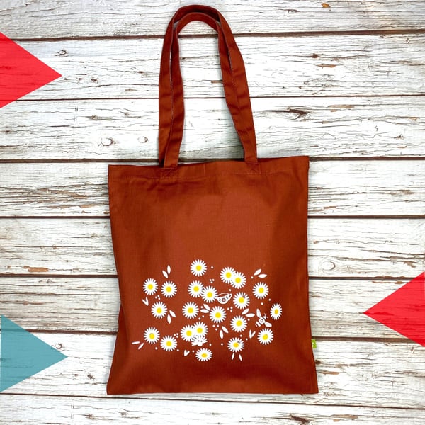 Organic Cotton Daisy tote bag. Terracotta Earth brown Autumnal flower shopper. 