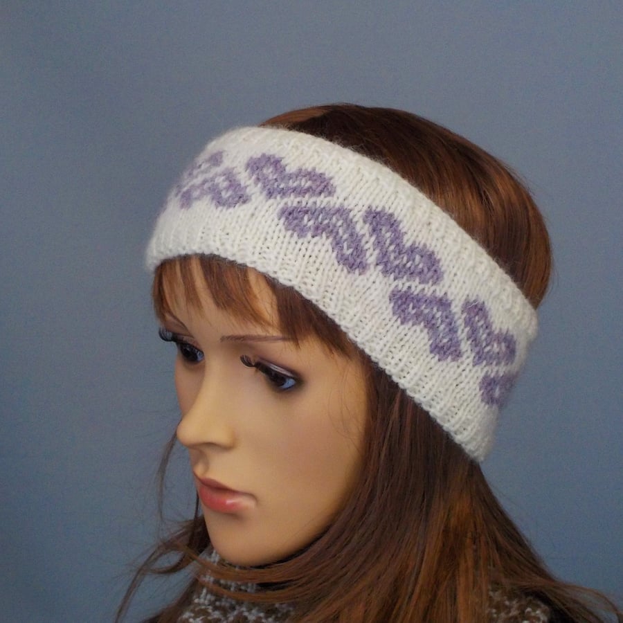 Lilac hearts hairband hand-knitted British Masham wool ear warmers