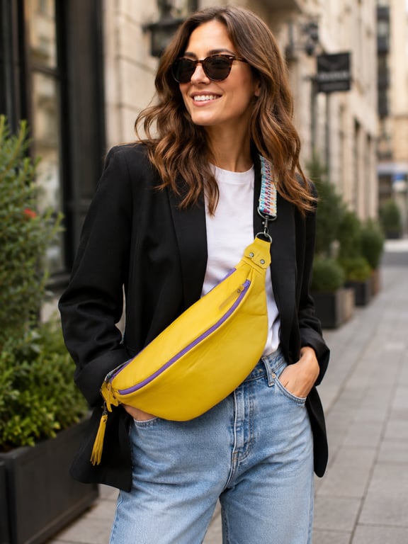 Leather sling bag yellow twin zip crossbody bag