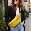 Leather sling bag yellow twin zip crossbody bag
