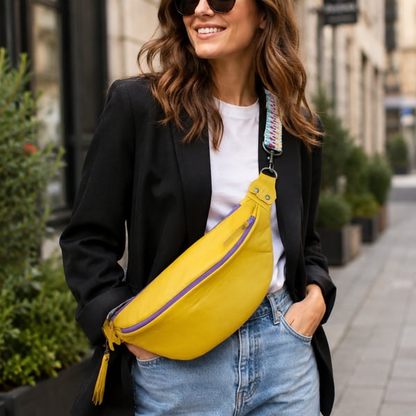Leather sling bag yellow twin zip crossbody bag