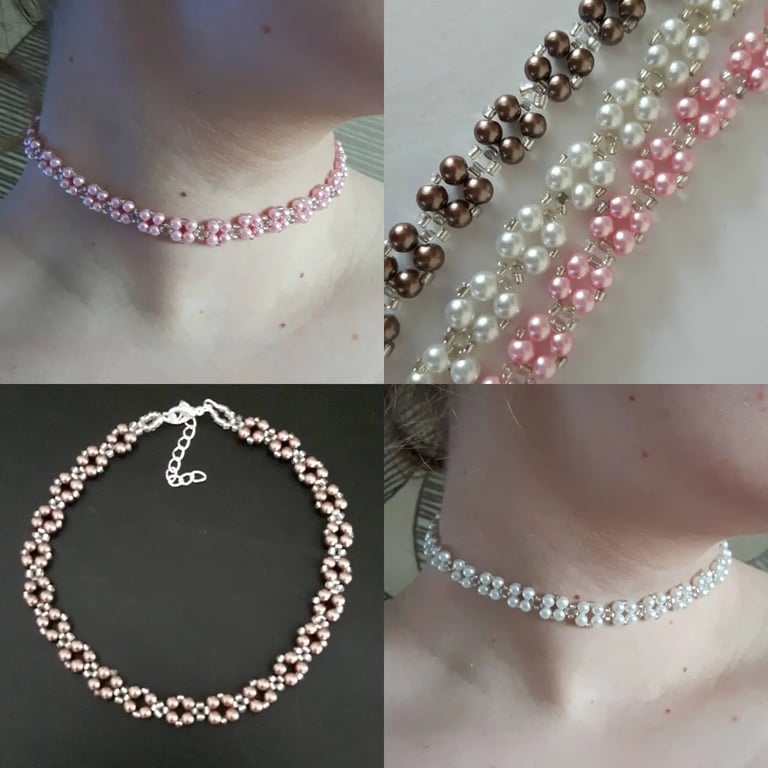 Glass pearl beaded choker necklace pink,white,chocolate,womens 13" jewellery