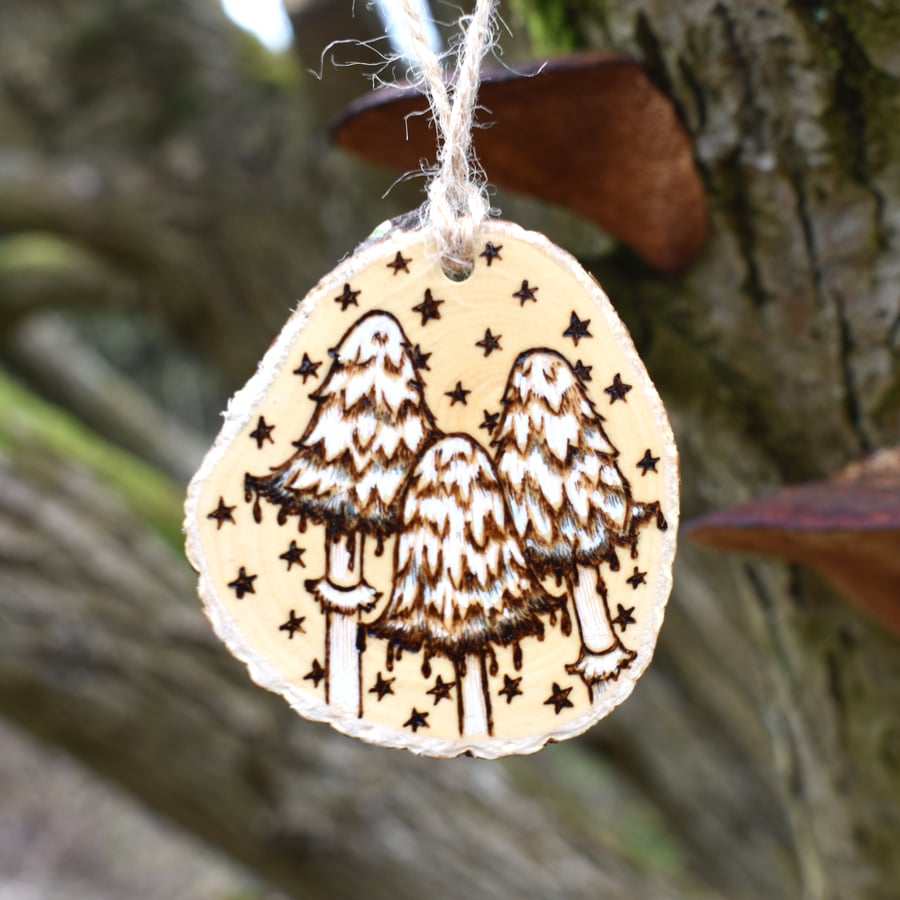 Ink caps pyrography fungi, hanging wood slice decoration gift.