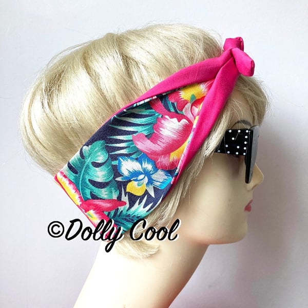 Hawaiian Hair tie in Pink Tropical flowers Print - Head Scarf - Band - Wrap - by