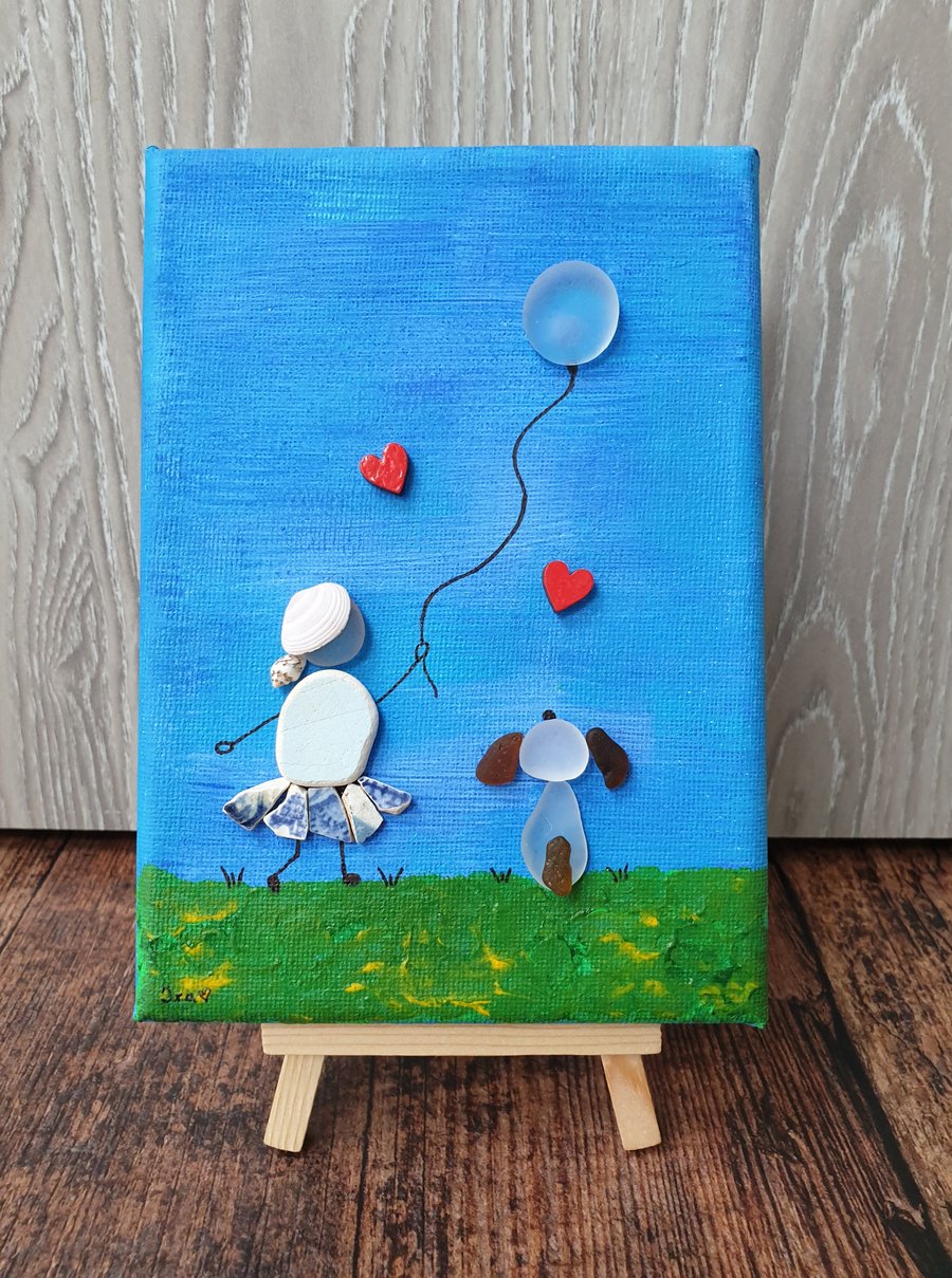 Sea glass and sea pottery canvas art "BEST FRIENDS" 