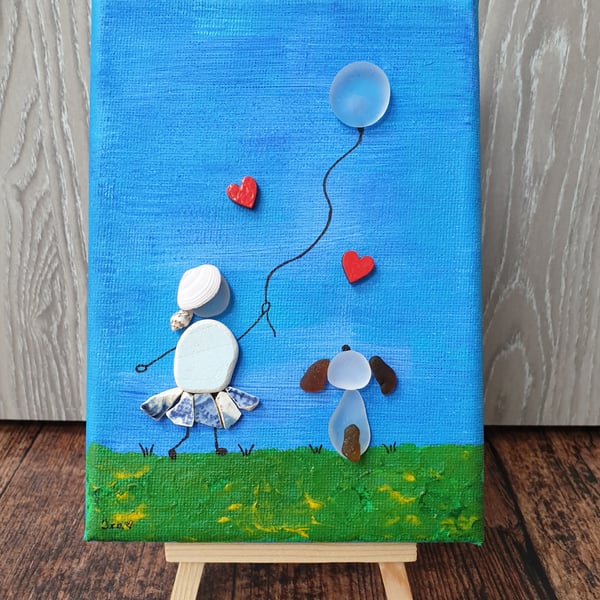 Sea glass and sea pottery canvas art "BEST FRIENDS" 