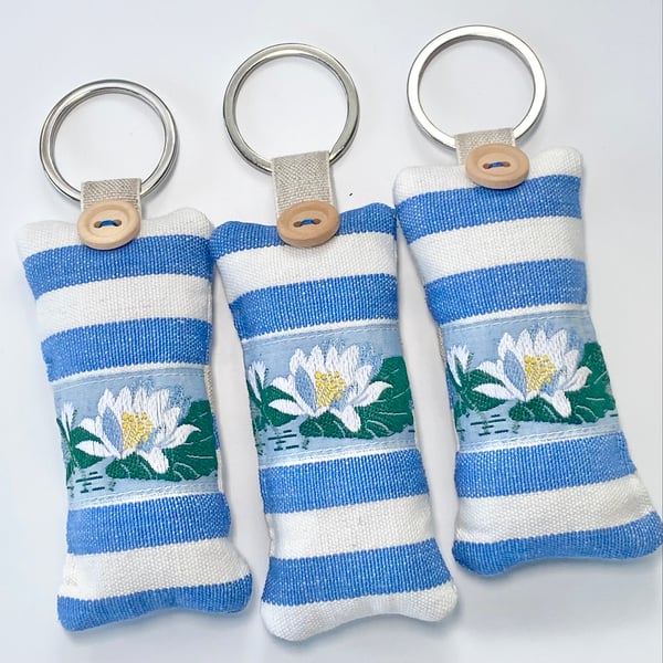 SALE ITEM - WATER LILY KEY RING - blue and white stripes