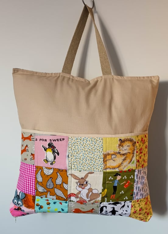 Child's Travel Pillow Tote, Patchwork Book Cushion with Pocket